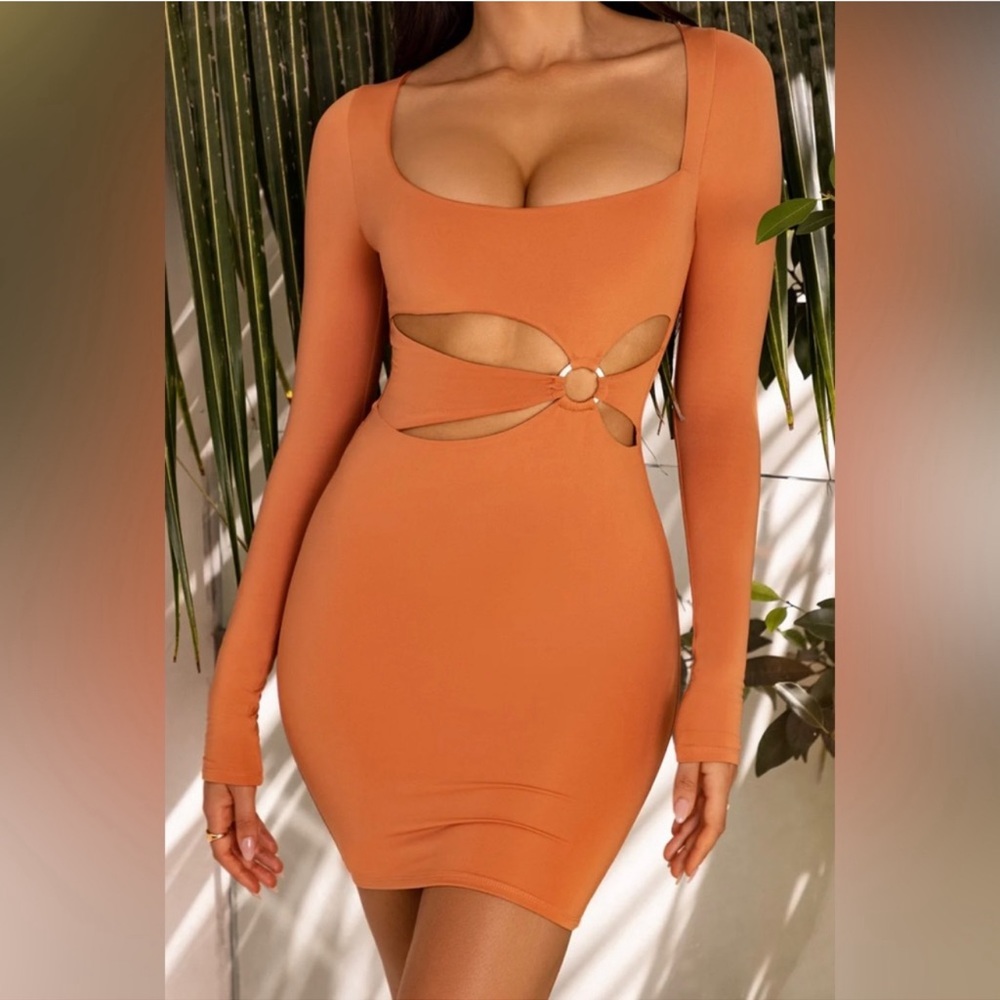 Oh Polly Orange Cut Out Long Sleeve Bodycon Mini Dress